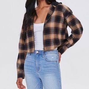 Plaid cropped zip up hooded top